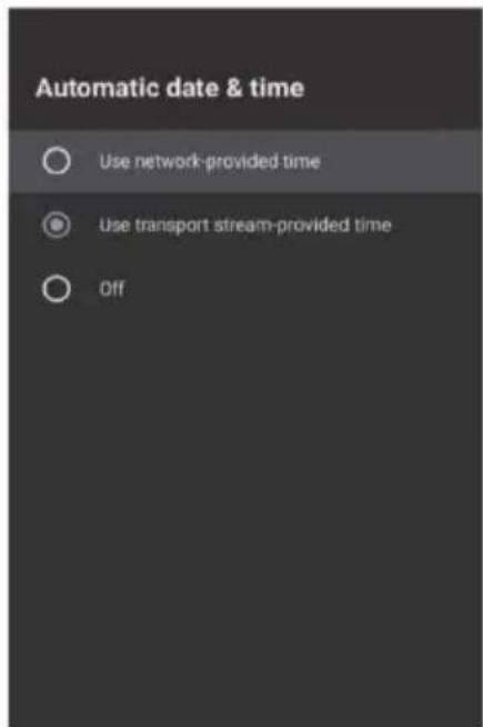 Automatic date & time Use network-provided time Use transport stream-provided time Off