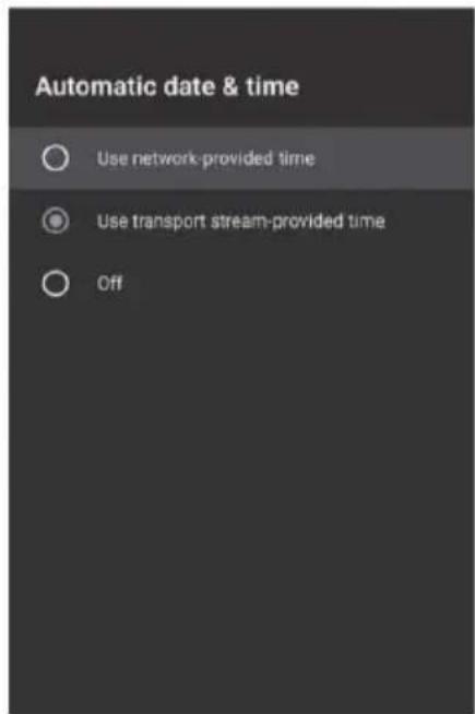 Automatic date & time Use network-provided time Use transport stream-provided time Off