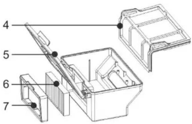 Technical diagram of a mechanical assembly with numbered parts labeled 4 through 7