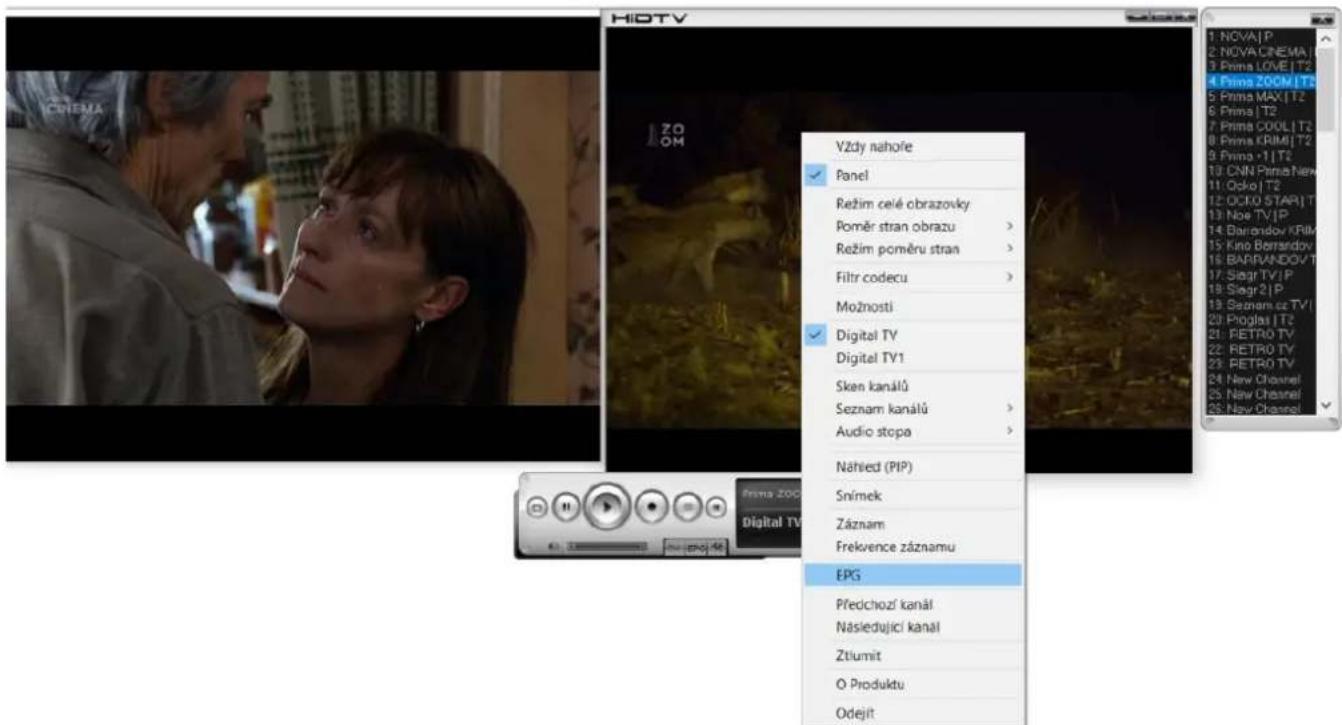 VZdy nahoře Panel Režim celé obrazovky Poměr stran obrazu > Režim poměru stran > Filtr codecu > Možnosti Digital TV Digital TV1 Sken kanálů Seznam kanálů > Audio stopa > Náhlied (PIP) Snímek Záznam Frekvence záznamu EPG Předchozí kanál Následující kanál Ztiumit O Produktu Odejit