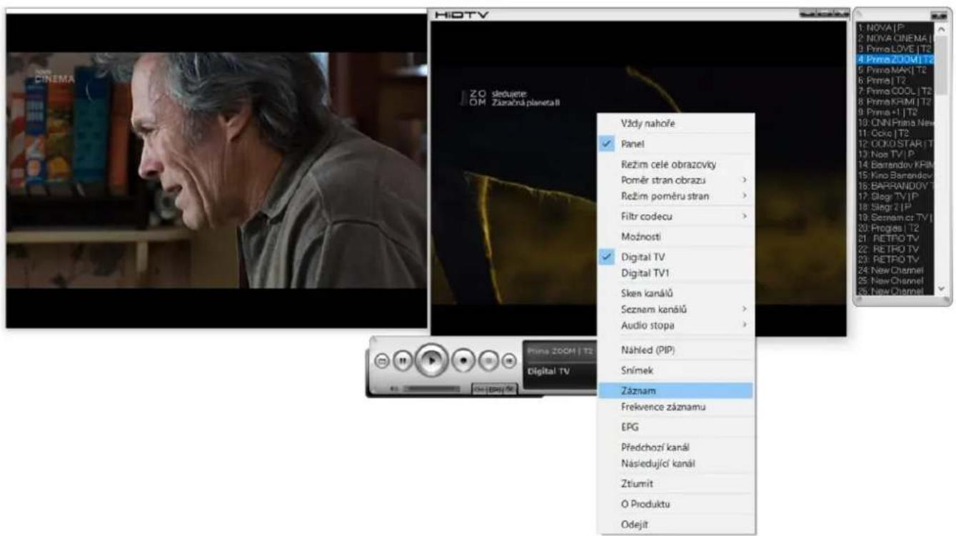 HiDTV ZO sledujere OM Záznačná planeta II Vždy nahofe ✓ Panel Režim celé obrazovky Poměr stran obrazu > Režim poměru stran > Filtr codecu > Možnosti ✓ Digital TV Digital TV1 Sken kanálů Seznam kanálů > Audio stopa > Nähled (PIP) Snímek Záznam Frekvence záznamu EPG Předchozí kanál Následující kanál Ztúmit O Produktu Odejit