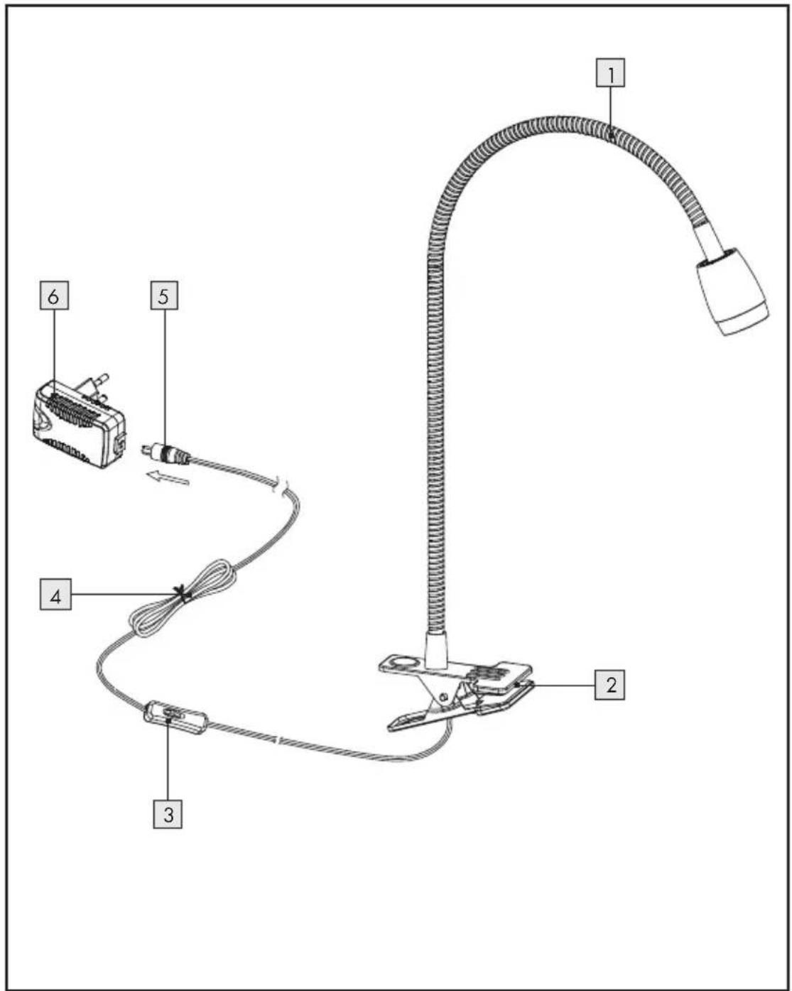 Diagram of a flexible hose assembly with labeled parts including a connector, cable, and clamp.