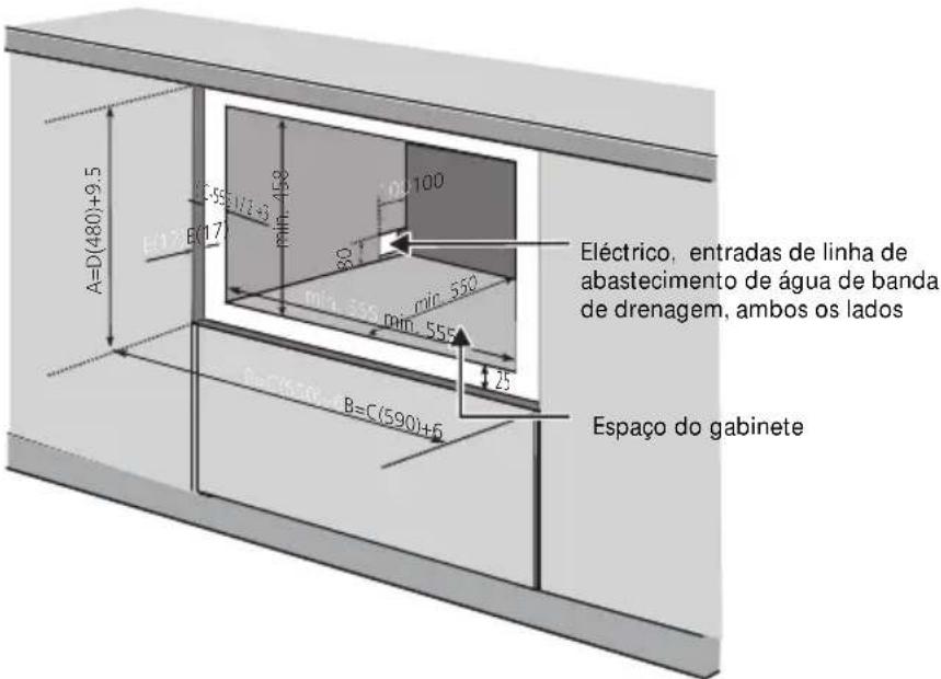 A=D(480)+9.5 C:55 1/2+3 min. 458 100 B:17 80 min. 550 min. 555 25 Eléctrico, entradas de linha de abastecimento de água de banda de drenagem, ambos os lados Espaço do gabinete B=C(590)+6