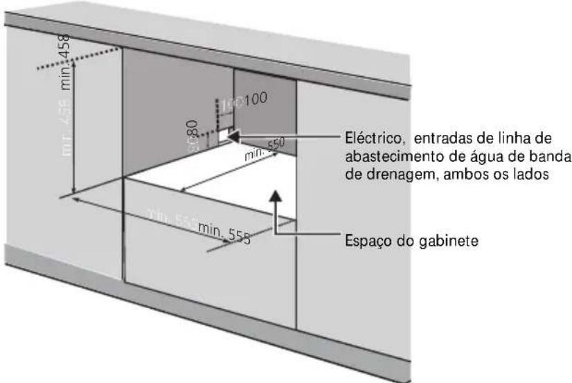 min. 458 min. 458 90 80 100 min. 550 min. 555 Eléctrico, entradas de linha de abastecimento de água de banda de drenagem, ambos os lados Espaço do gabinete
