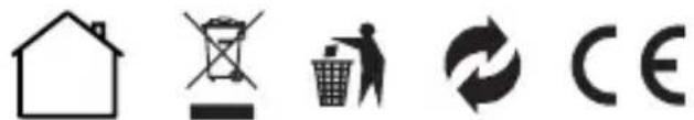 Image displaying five icons: a house, a crossed-out box, a trash bin, a recycling symbol, and a CE license.