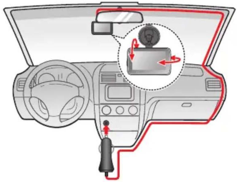 Diagram of car dashboard and steering wheel with red wiring, showing sensor placement and control buttons