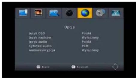Opcje Jezyk OSD Jezyk napisów Jezyk audio Cyfrowe audio Audiodeszarypcja Polski Wyrłączone Polski PCM Wyrłączone