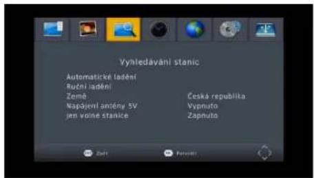 Vynledávání stanic Automatické ladění Ruční ladění Země Napójení antény 5V jen voine stanice Česká republika Vypnuto Zapnuto