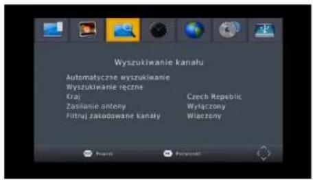 Wyszukiwanie kanalu Automatyczne wyszukiwanie Wyszukiwanie ręczne Kraj Zasilanie anteny Filtruń zakudowane kanaty Czech Republic Wyłączony Włączony