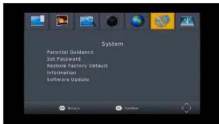 System Parental Guidance Set Password Restore Factory Default Information Software Update