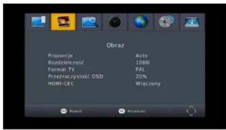 Obraz Proportionje Auto Rozdzielczość 1080K Format TV PAL Przezrzaczyslost C5D 20% HDMI-CEC Włączony