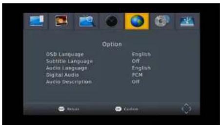 Options OSB Language English Subtitle Language Off Audio Language English Digital Audio PCM Audio Description Off