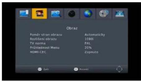 Obraz Poměr stran obrazu Rozkšení obrazu TV norma Průhlednost Menu HDMI-CEC Automaticky 1080i PAI 20% Zopnuto