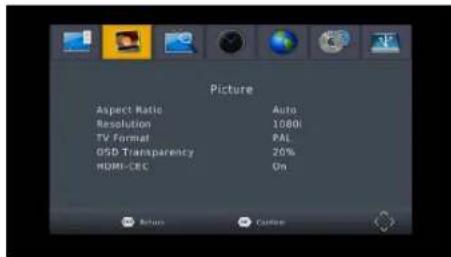 Picture Aspect Ratio Auto Resolution 1000 TV Format PAL OSD Transparency 20% HDMI-CBC On