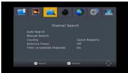 Channel Search Auto Search Manual Search Country Czech Republic Antenna Power Off Filter scrambled channels On