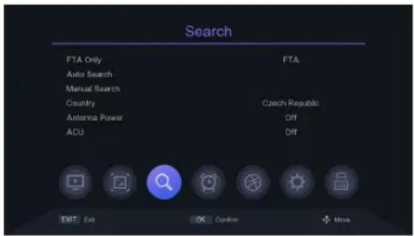 Search FTA Only Auto Search Manual Search Country Antenna Power ACU FTA Czech Republic Off Off EXIT Exit OK Custom + More