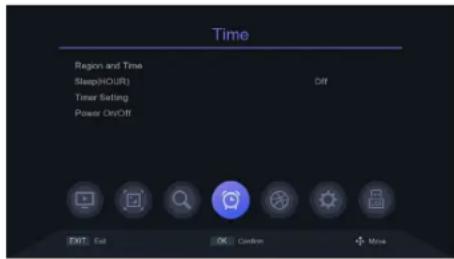 Time Region and Time Sleep(HOUR) Timer Setting Power On/Off Diff EXIT Ext OK Custom + More