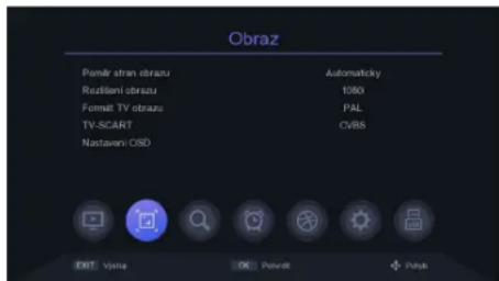 Obraz Pemir stran obrazu Rodšleni obrazu Formit TV obrazu TV-SCART Nastaveni OSD Automatiky 1080 PAL CVBS EXIT: Visiting OK: Potewell + Potrub