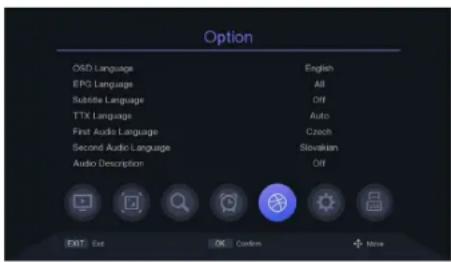 Option OSD Language English EPC Language Alt Subtle Language Off TTX Language Auto First Audio Language Czech Second Audio Language Slovakian Audio Description Off EXIT Ext OK Confirm + More