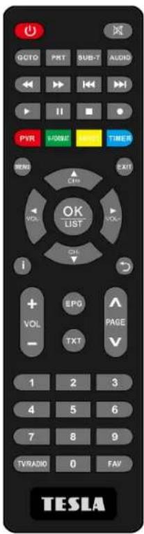 GOTO PRT SUB-T AUDIO PYR FORMS TIME MENU CPU OK LIST VOL VOL i + EPG ^ VOL TEXT PAGE 1 2 3 4 5 6 7 8 9 TVRADIO 0 FAV TESLA