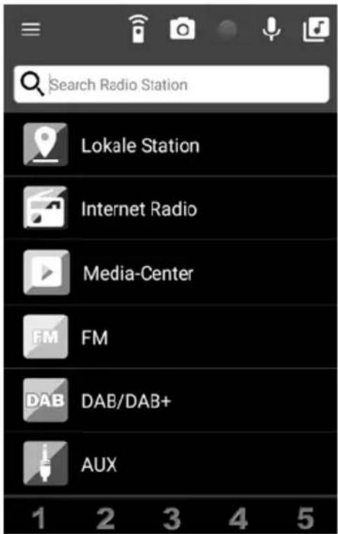 Search Radio Station Lokale Station Internet Radio Media-Center FM DAB DAB/DAB+ AUX 1 2 3 4 5