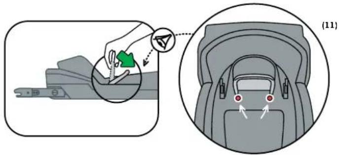 Diagram illustrating seatbelt usage with a hand placing a green arrow to a seatbelt, and a magnified view of the back being attached.