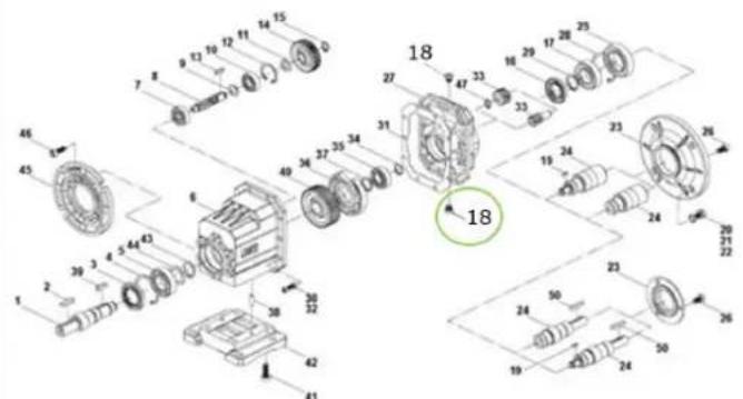 Exploded view diagram of a mechanical assembly with numbered components and exploded views