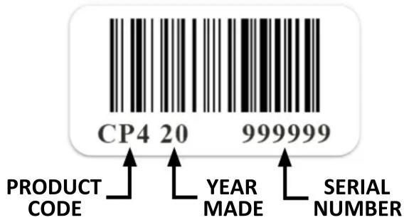CP4 20 999999 PRODUCT CODE YEAR MADE SERIAL NUMBER