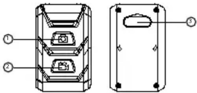 Technical diagram of a device casing with labeled components and cross-sectional views