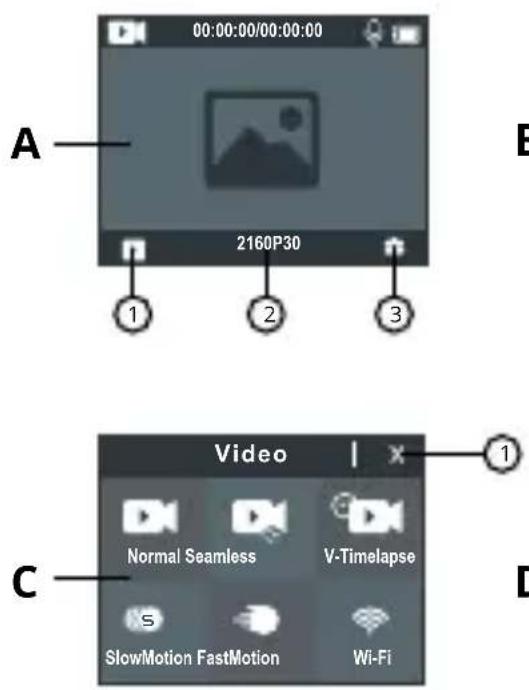 00:00:00/00:00:00 A 2160P30 1 2 3 B C Video Normal Seamless V-Timelapse S SlowMotion FastMotion Wi-Fi