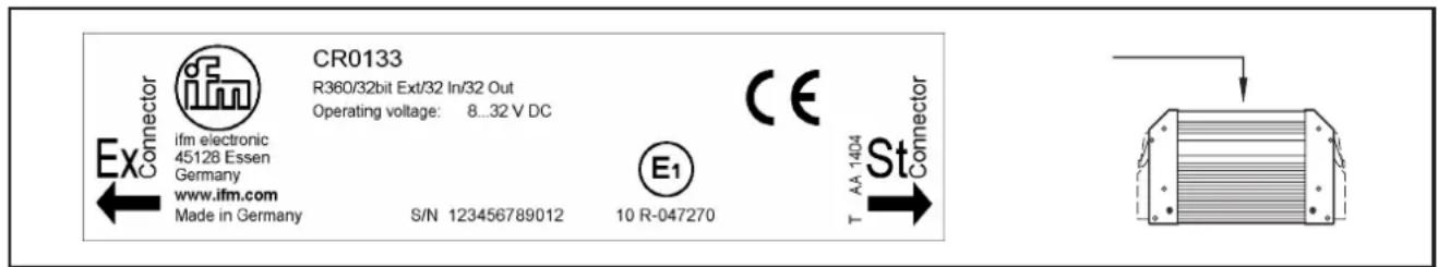 CR0133 R360/32bit Ext/32 In/32 Out Operating voltage: 8...32 V DC CE Ex Connector ifm electronic 45128 Essen Germany www.ifm.com Made in Germany S/N 123456789012 E1 10 R-047270 T AA 1404 St Connector