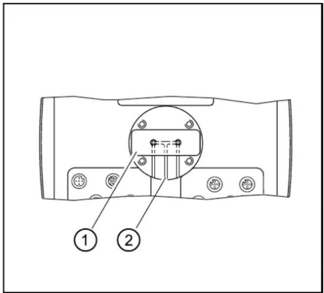 Technical diagram of a device component with labeled parts 1 and 2, showing internal structure and mounting points.
