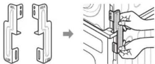 Technical diagram showing two mechanical components before and after assembly, with a hand holding a component.