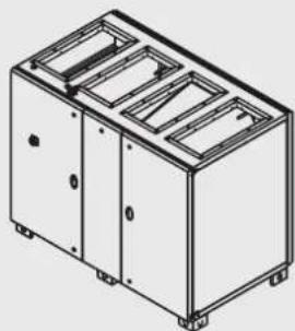 Isometric line drawing of a two-compartment industrial enclosure or storage unit (no text or symbols)
