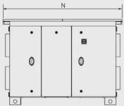 Technical diagram of a rectangular enclosure with labeled dimensions (N and O) and internal features, no readable text or symbols beyond basic layout.