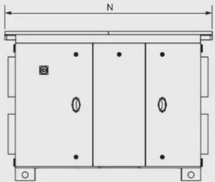 Technical diagram of a rectangular enclosure with labeled dimensions (N and O) and internal compartments, no readable text or symbols beyond basic geometry.