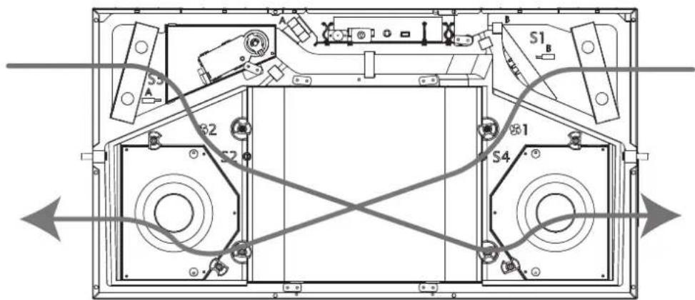 Technical diagram of a device rear view with labeled components and directional arrows indicating flow or movement.