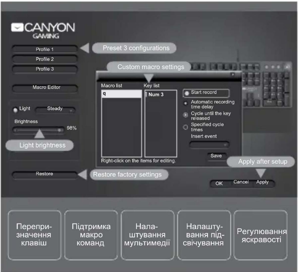 CANYON GAMING Profile 1 Profile 2 Profile 3 Macro Editor Light Steady Brightness 98% Light brightness Restore Preset 3 configurations Custom macro settings Macro list q Key list Num 3 Right-click on the items for editing. Start record Automatic recording time delay Cycle until the key released Specified cycle times Insert event Save Apply after setup OK Cancel Apply Restore factory settings Перепри- значення клавіш Підтримка макро команд Нала- штування мультимедії Налашту- вання під- свічування Регулювання яскравості