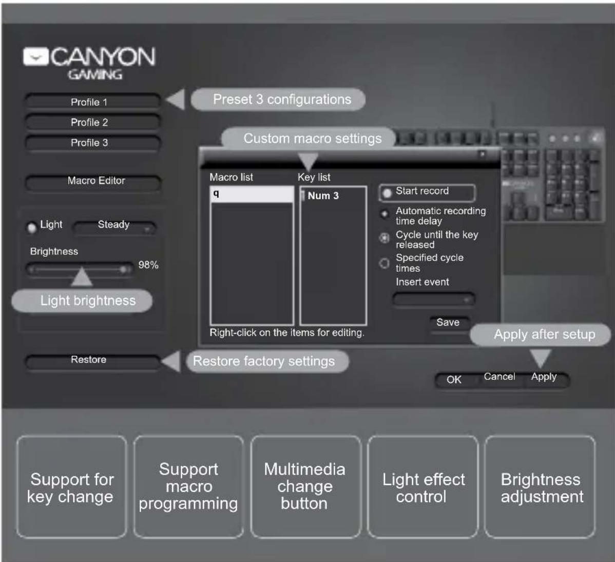 CANYON GAMING Profile 1 Profile 2 Profile 3 Macro Editor Light Steady Brightness 98% Light brightness Restore Preset 3 configurations Custom macro settings Macro list Key list q Num 3 Right-click on the items for editing. Start record Automatic recording time delay Cycle until the key released Speci…