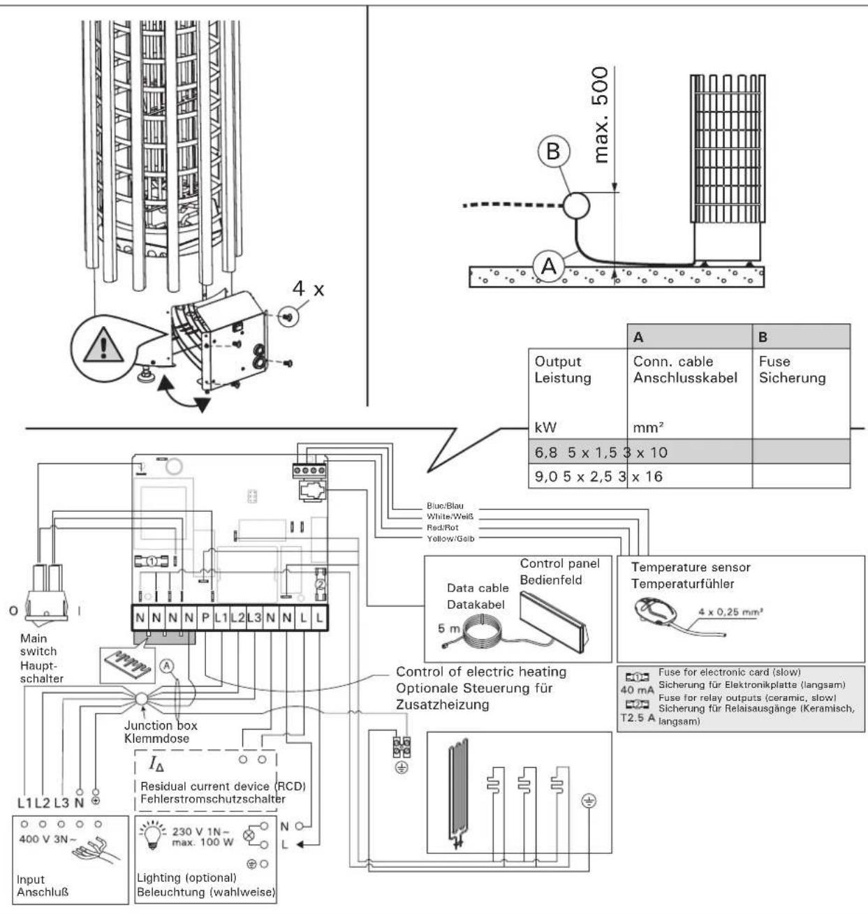 4 x max. 500 B A Output Leistung kW 6,8 5 x 1,5 3 x 10 9,0 5 x 2,5 3 x 16 B Conn. cable Anschlusskabel Fuse Sicherung mm² Control panel Bedienfeld Data cable Datakabel 5 m Temperature sensor Temperaturfühler 4 x 0,25 mm² Junction box Klemmdose IΔ Residual current device (RCD) Fehlerstromschutzschalt…