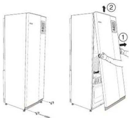 Technical line drawing showing two views of a refrigerator with labeled parts and directional arrows indicating assembly or inspection steps.