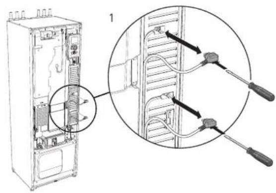 Diagram showing server rack with cable connections and a magnified view of internal components, labeled with arrows and numbered 1.