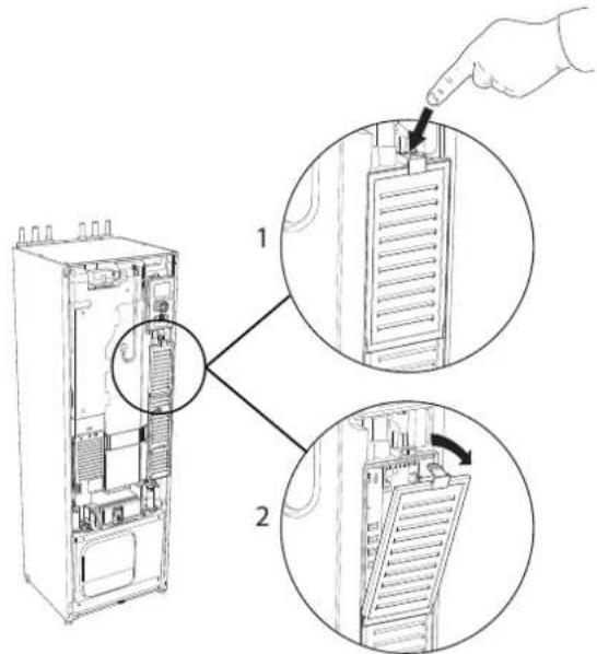 Diagram showing two views of a server rack with labeled components and a hand pointing to a component.