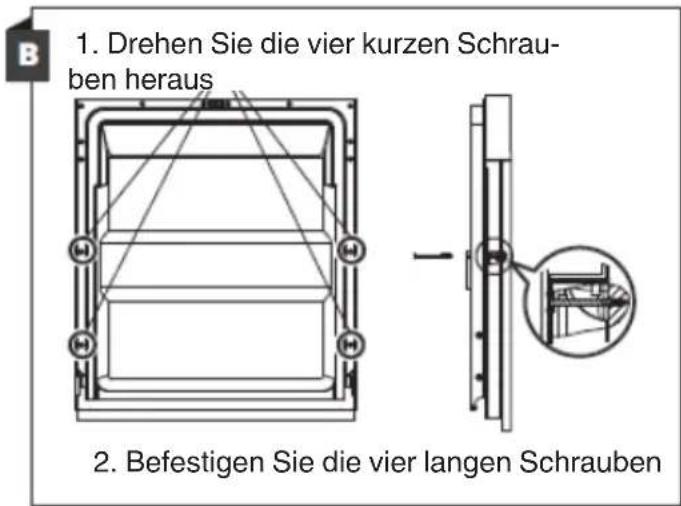 1. Drehen Sie die vier kurzen Schrauben heraus 2. Befestigen Sie die vier langen Schrauben