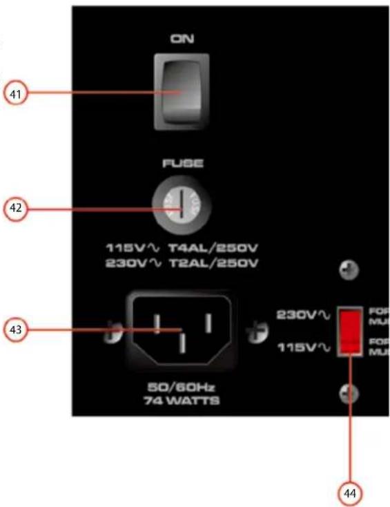 ON FUSE 115V~ T4AL/250V 230V~ T2AL/250V 50/60Hz 74 WATTS 230V~ 115V~ FOR MUR FOR MUR 41 42 43 44
