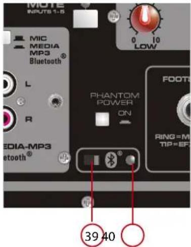MOTIE INPUTS 1-5 MIC MEDIA MP3® Bluetooth® L R MEDIA-MP3® Bluetooth® 0 10 LOW PHANTOM POWER ON FOOT RING=MP TIP=EF 39 40