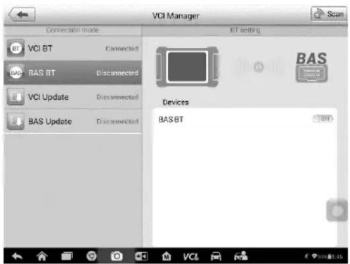 VCI Manager Connection mode BT VCI BT Connected BAS BAS BT Disconnected VCI Update Disconnected BAS Update Disconnected BT setting BAS Devices BAS BT Scan