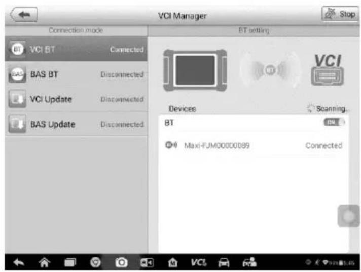VCI Manager Connection mode BT BT Connected BAS BT Disconnected VCI Update Disconnected BAS Update Disconnected BT setting Devices Scanning... BT Maxi-FJM0000089 Connected