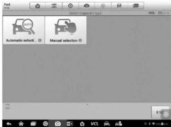 Ford Select diagnostic type AUTO Automatic selecti... Manual selection ESC