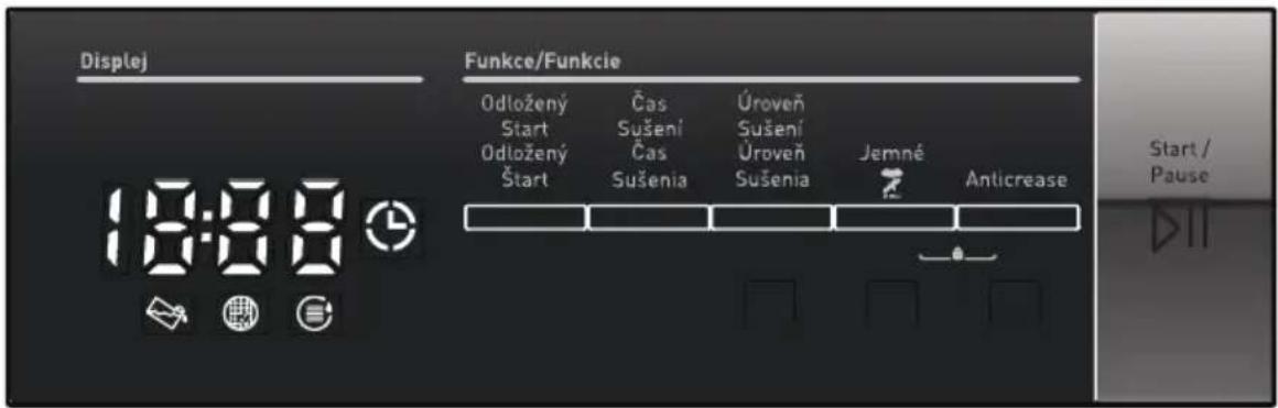 Displej 18:00 Funkce/Funkcie Odložený Čas Úroveň Start Sušení Sušení Odložený Šat Sušenia Ūroveň Sušenia Jemné Anticrease Start / Pause 18:00